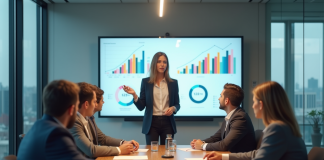 Groupe de professionnels autour d'une table avec tableau digital