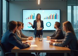Groupe de professionnels autour d'une table avec tableau digital
