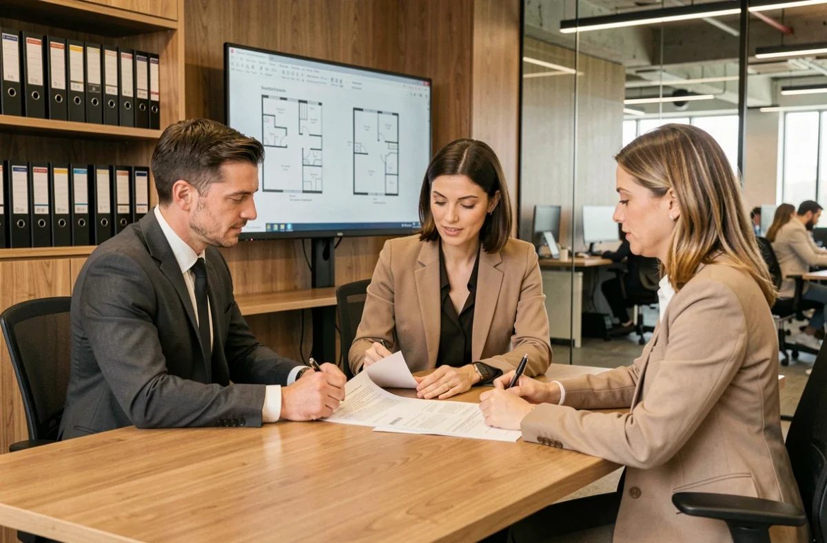 Deux entrepreneurs en réunion avec un agent immobilier pour signer un contrat de location d'espace de bureau dans un espace de coworking moderne