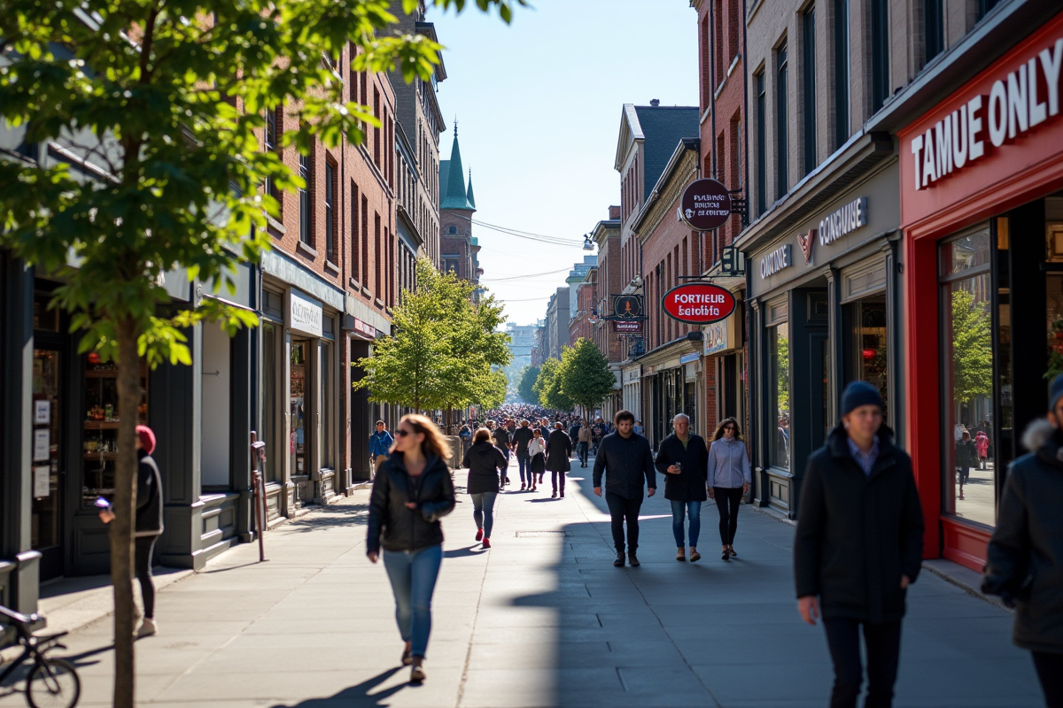 Scène urbaine dans une rue du Quebec avec des passants et des enseignes en français