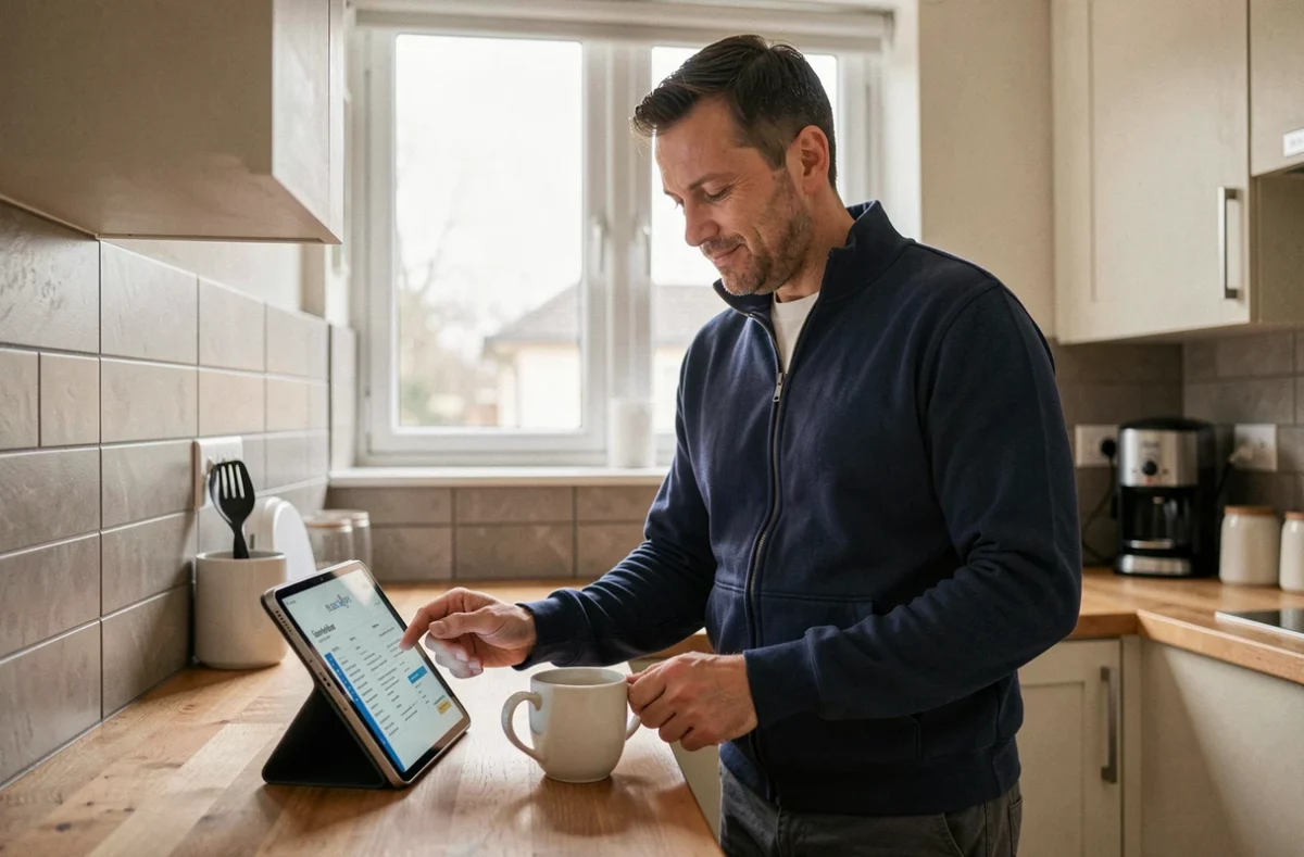 Salarié en télétravail consultant ses documents RH dématérialisés sur une tablette dans sa cuisine