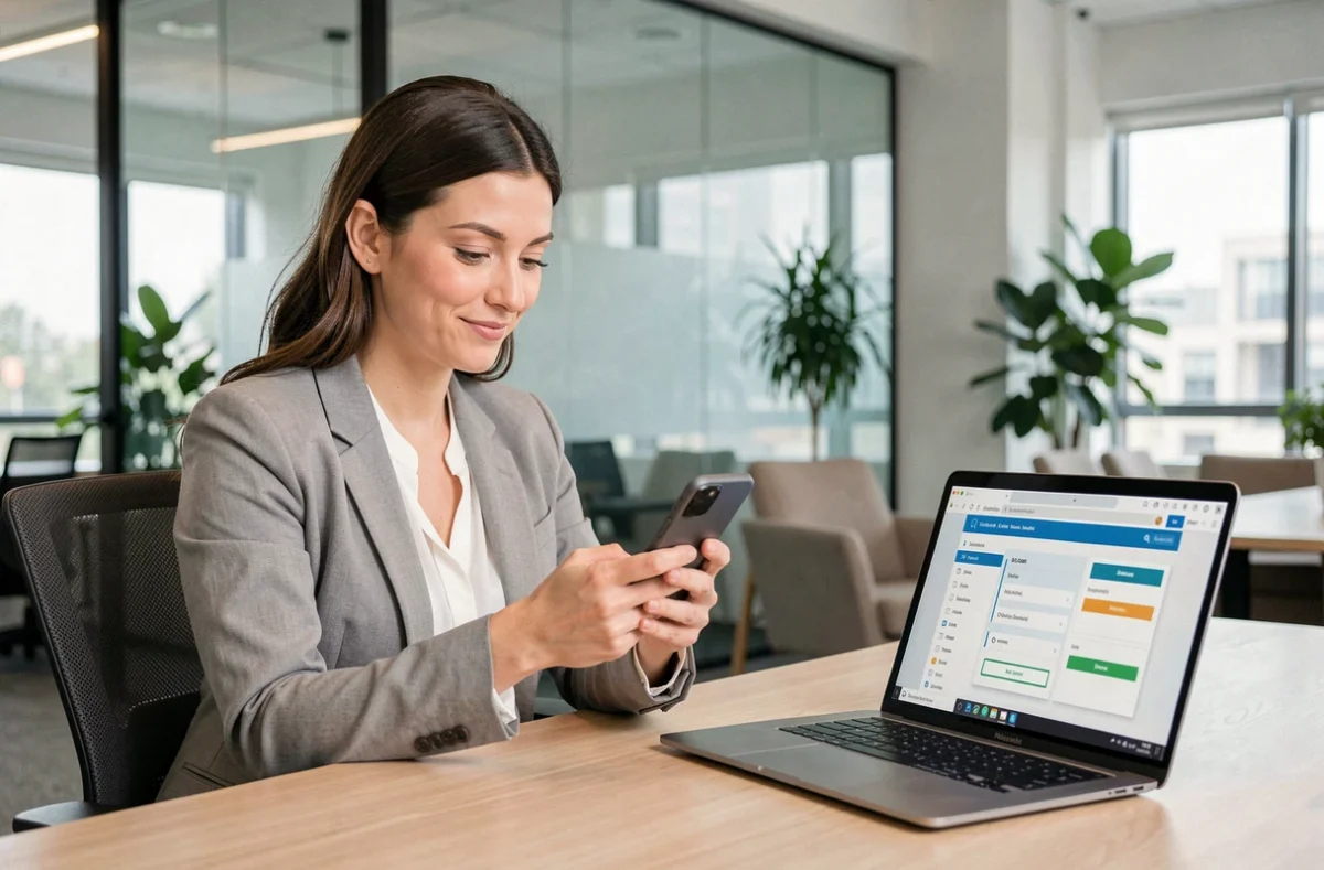 Salariée consultant son application RH dématérialisée Coffreo sur smartphone au bureau