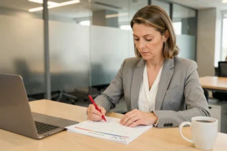Salariée en blazer gris consultant un calendrier 2026 imprimé sur son bureau en bois, stylo rouge à la main, dans un bureau moderne aux cloisons en verre dépoli