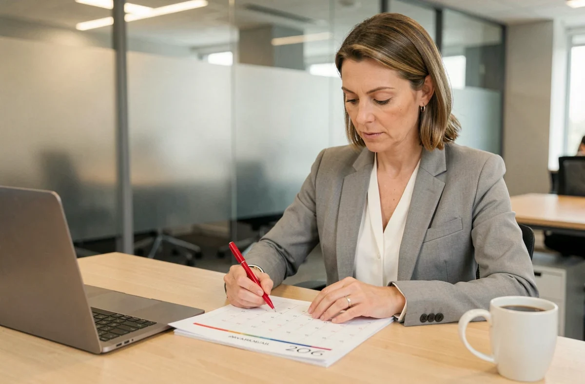 Salariée en blazer gris consultant un calendrier 2026 imprimé sur son bureau en bois, stylo rouge à la main, dans un bureau moderne aux cloisons en verre dépoli