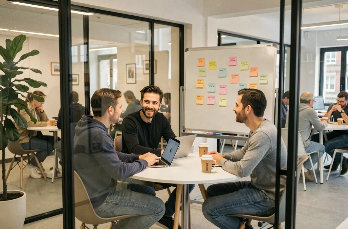 Réunion collaborative dans une salle vitrée d'un espace de coworking à Cachan avec trois professionnels