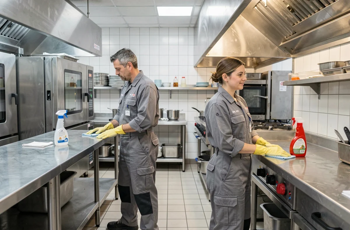 Équipe SARL SPEB nettoyant une cuisine professionnelle en inox dans un restaurant en Isère