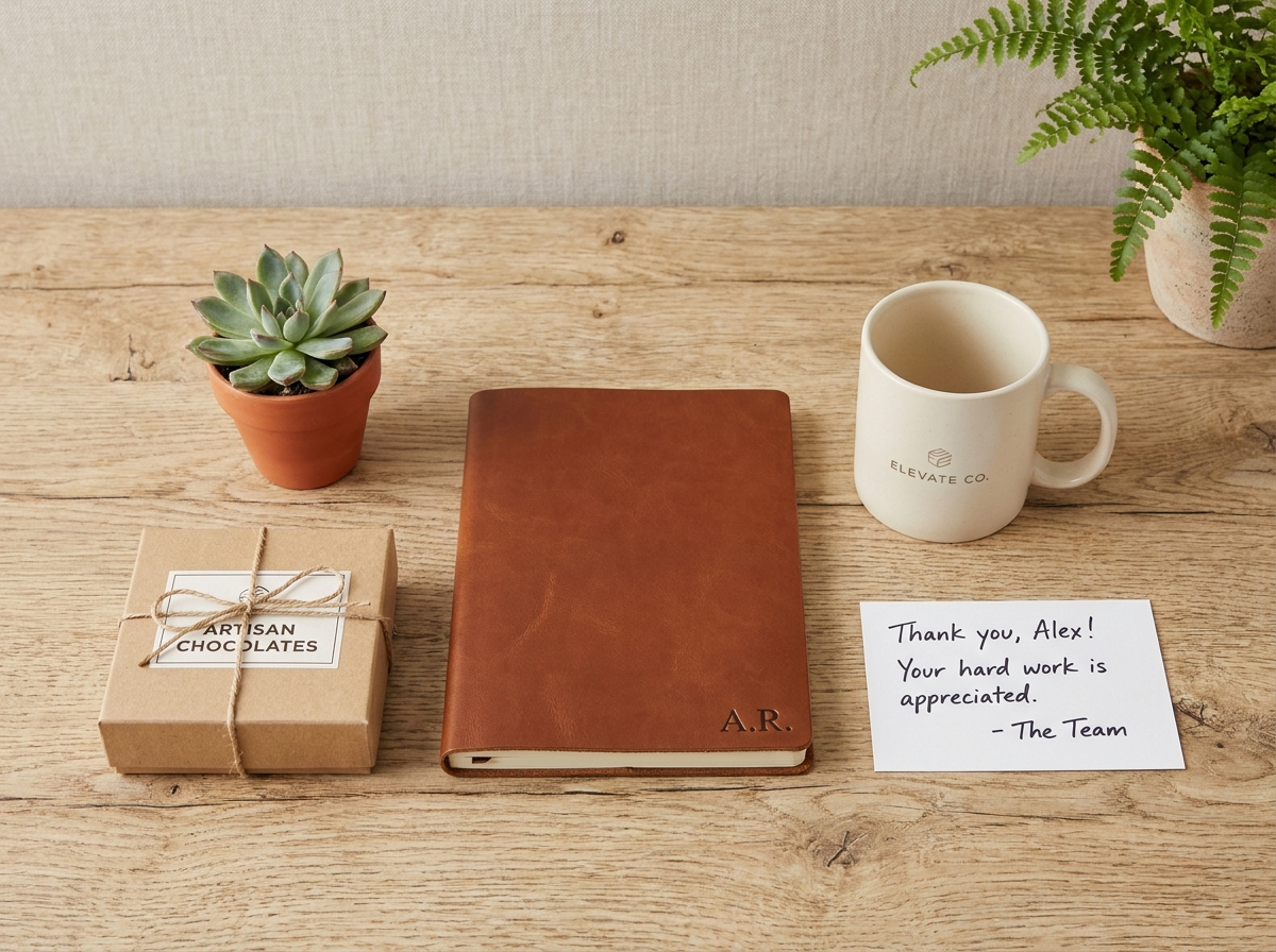 Sélection de cadeaux d'entreprise personnalisés disposés en flat-lay sur un bureau en bois, incluant carnet monogrammé, mug et plante succulente