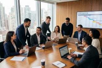 Groupe de professionnels réunis autour d'une table de conférence lors d'un séminaire d'entreprise sur mesure