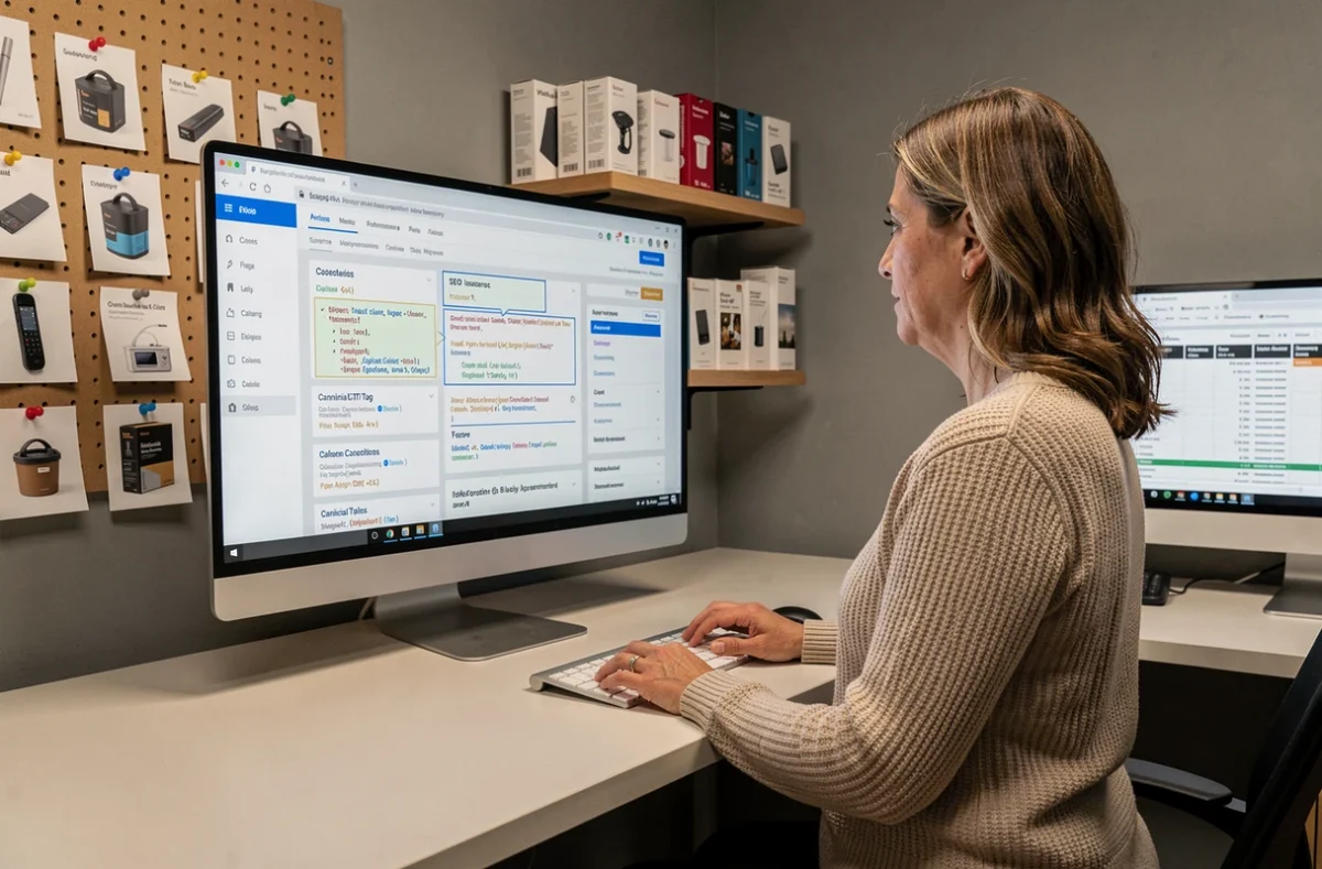 Spécialiste SEO e-commerce analysant l'optimisation des pages produits, le balisage schema et les problèmes de navigation à facettes sur son écran de travail
