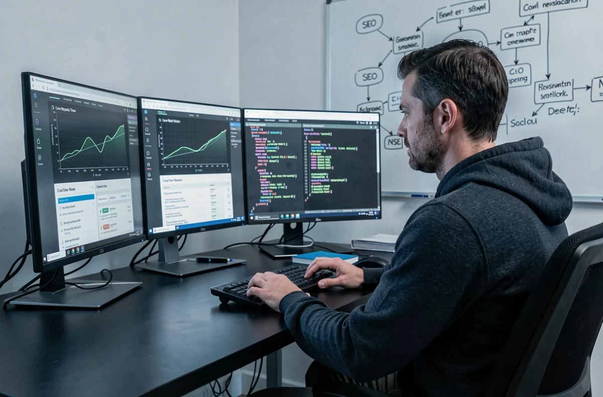 Développeur web analysant des métriques techniques SEO incluant Core Web Vitals, temps de réponse serveur et rapports d'erreurs de crawl sur plusieurs écrans