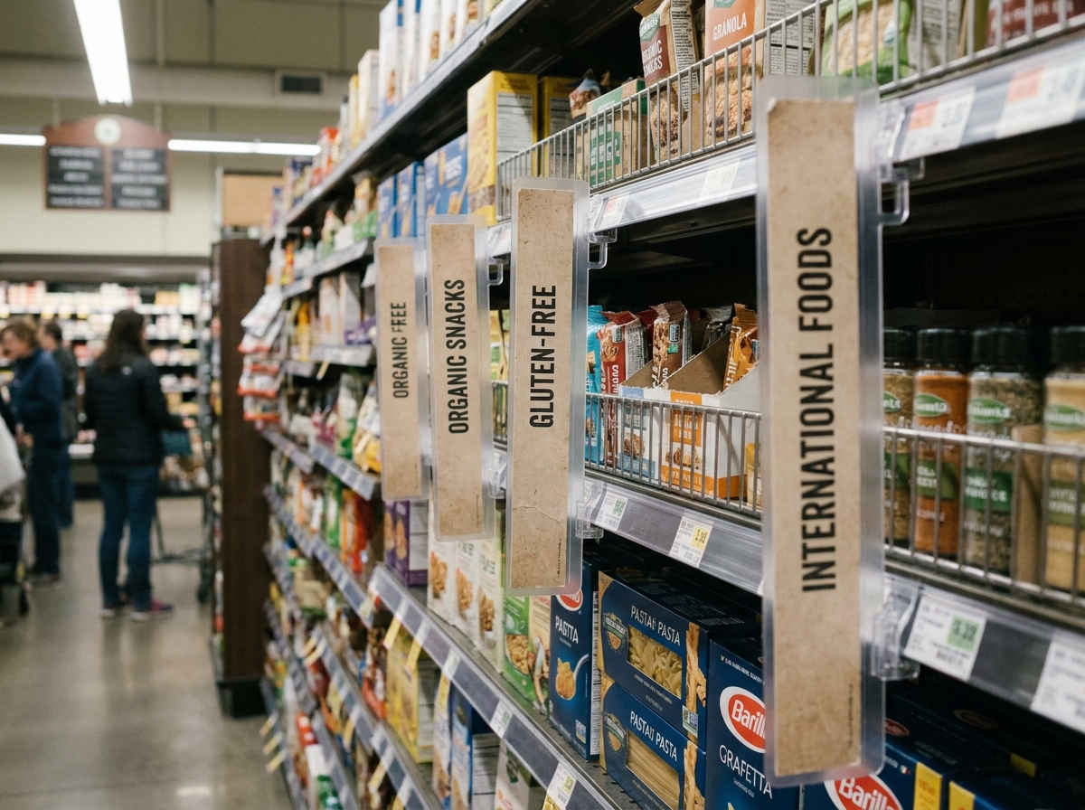 Séparateurs de linéaire en plastique et carton organisant les gammes de produits sur une étagère de rayon