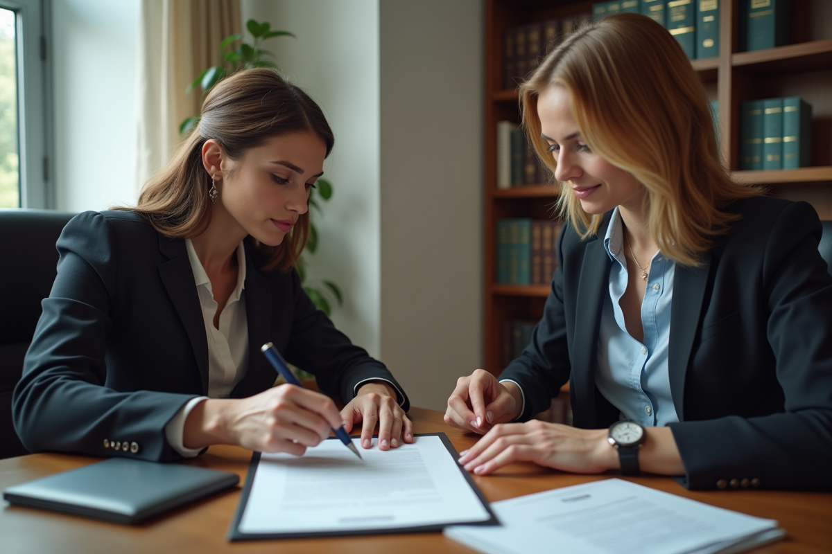 Deux personnes signent un document dans un bureau d avocat