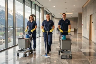 Équipe de nettoyage professionnelle en uniforme travaillant dans le hall d'un immeuble de bureaux moderne en Isère