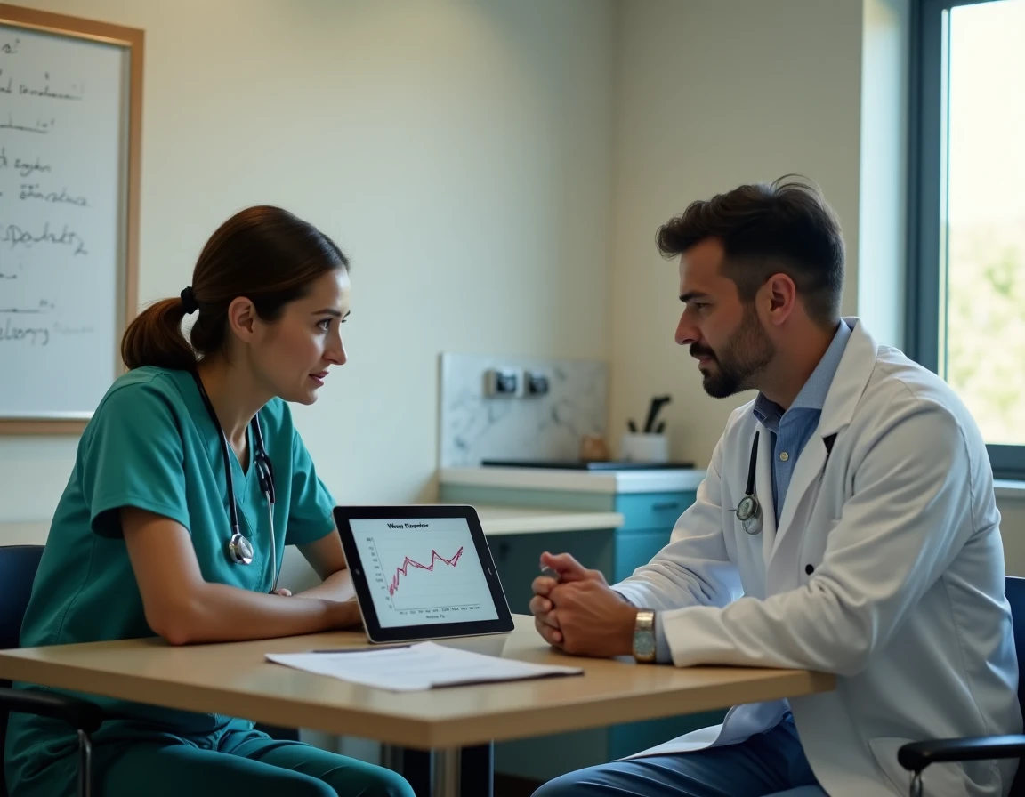 Deux professionnels de santé discutant de l'évolution des salaires selon la valeur point de la convention 51 en 2026 dans une salle de pause