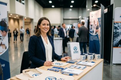 Femme souriante derrière un stand de salon professionnel avec des objets promotionnels personnalisés : sacs, stylos et mugs à l'effigie d'une entreprise