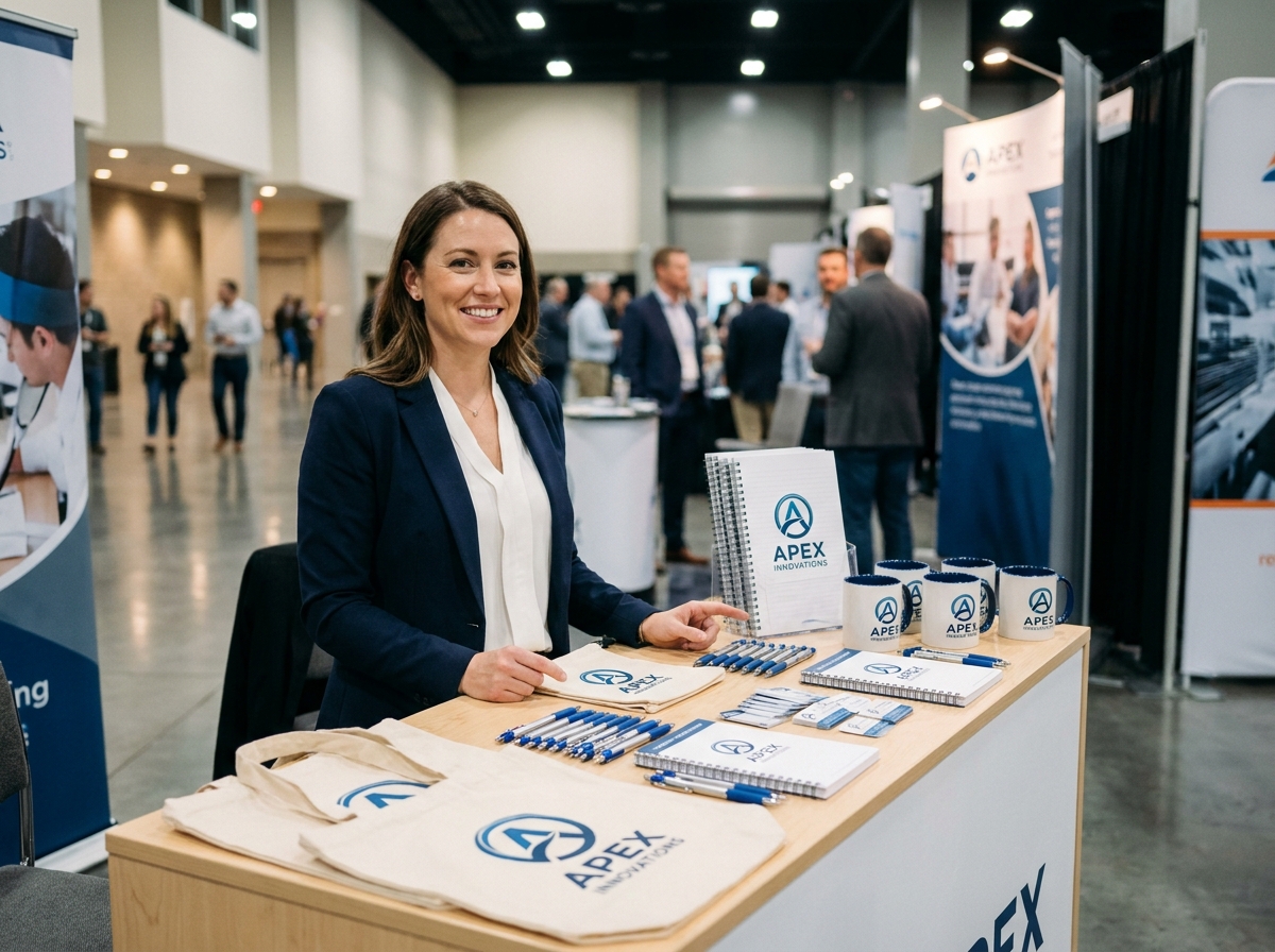 Femme souriante derrière un stand de salon professionnel avec des objets promotionnels personnalisés : sacs, stylos et mugs à l'effigie d'une entreprise