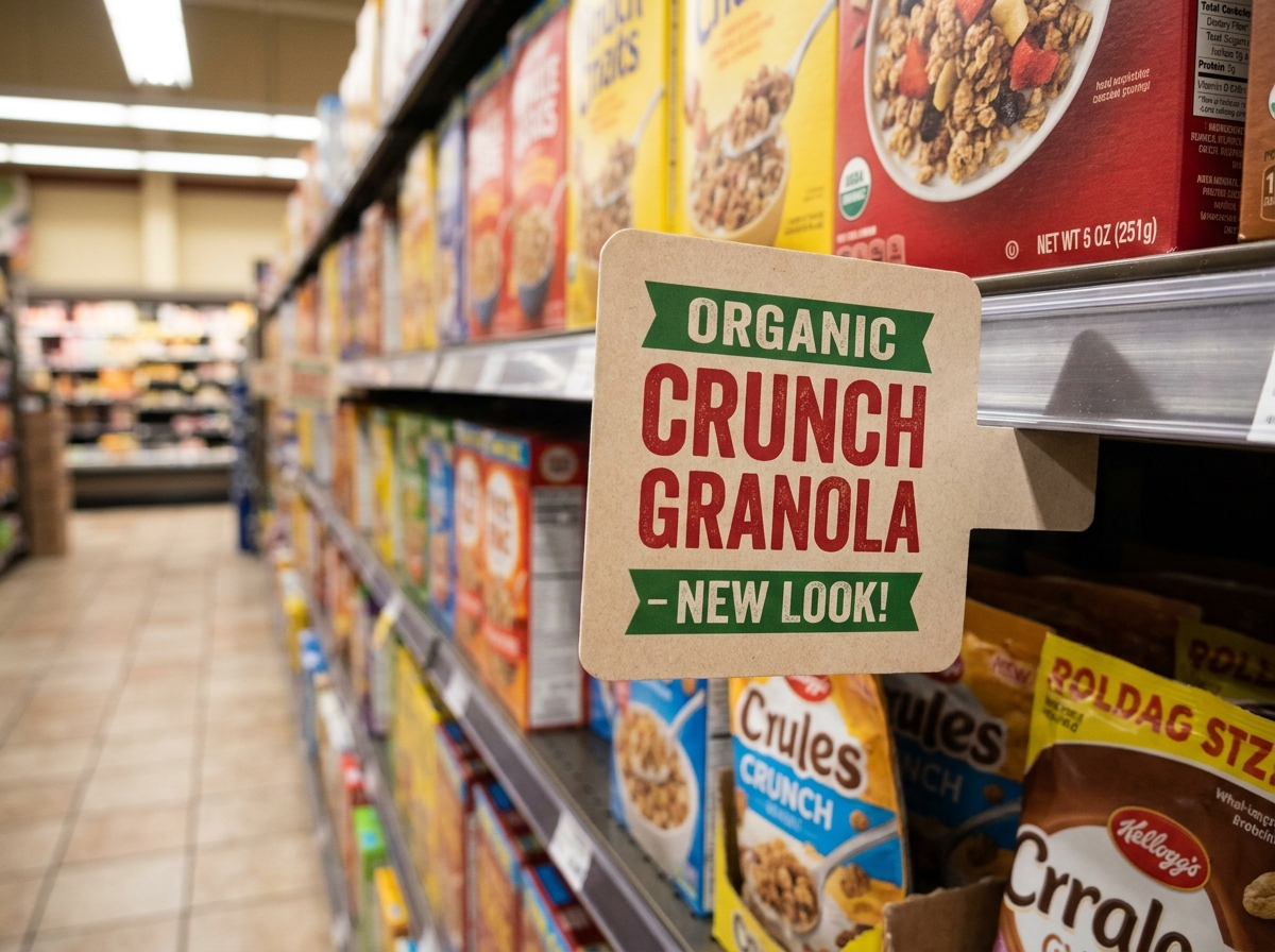 Stop-rayon imprimé en carton dépassant d'une étagère de supermarché pour interrompre la linéarité du rayon