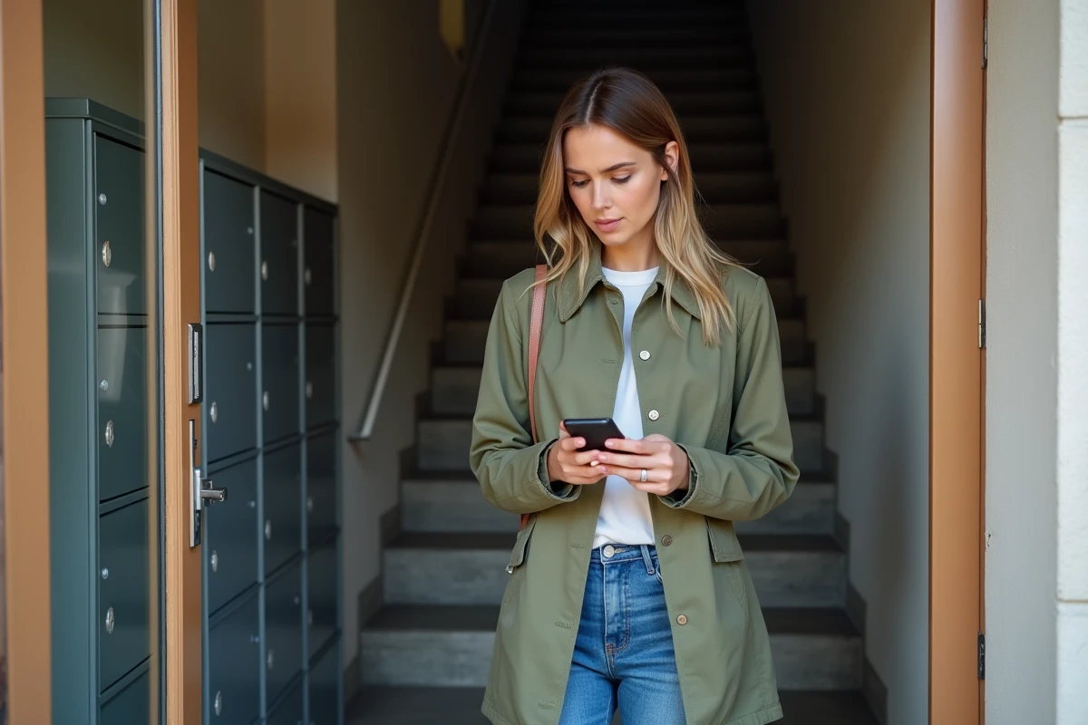 Femme consultant le suivi de son colis bloqué au hub de Lieusaint sur son smartphone à son domicile