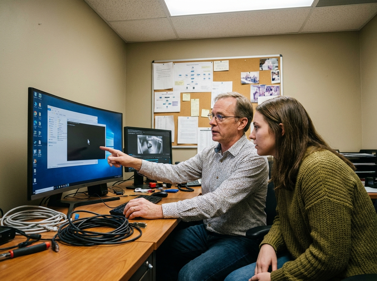 Deux collègues du support informatique collaborant devant un écran de prise en main à distance dans un bureau technique, comparé à la simplicité d'un appel vidéo