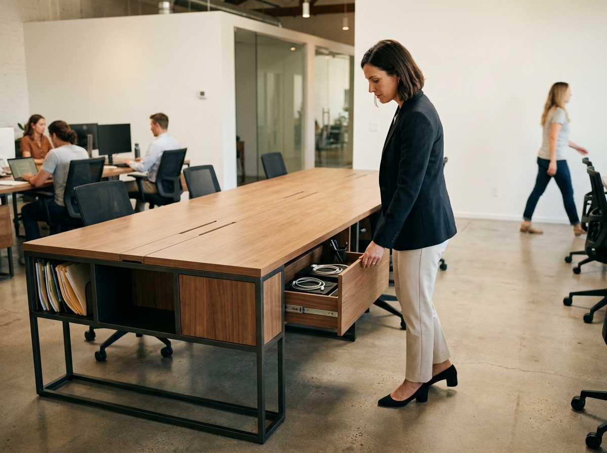 Table de réunion moderne avec tiroirs de rangement intégrés dans le bureau open space