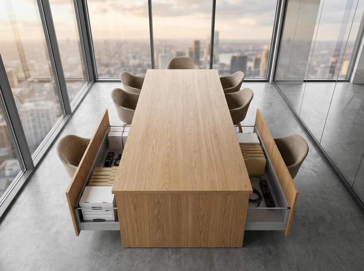 Vue en plongée d'une table de réunion avec panneaux de rangement latéraux ouverts en salle de réunion vitrée