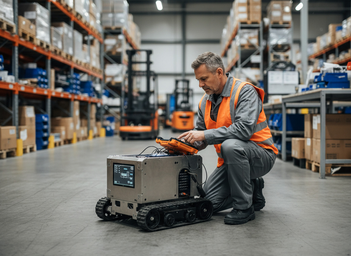Technicien en veste configurant un robot dans un entrepôt industriel