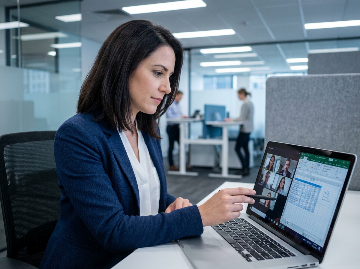 Femme en entreprise utilisant une session de bureau à distance intégrée à un appel vidéo sur son ordinateur portable dans un open space moderne
