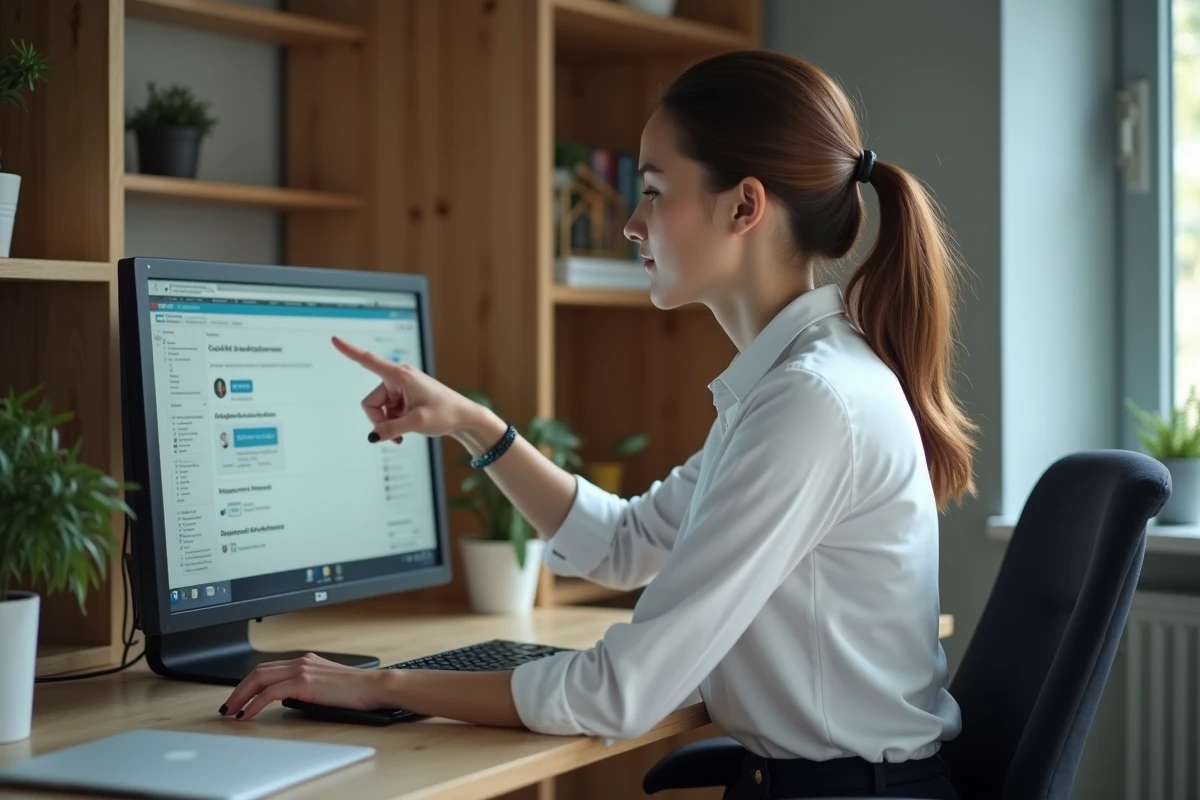 Femme en télétravail recherchant le lien officiel GTm extranet La Poste sur ordinateur de bureau à domicile