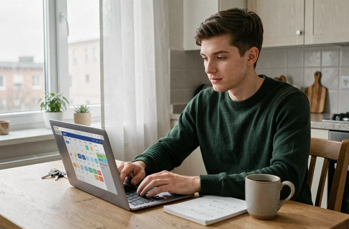 Jeune salarié en télétravail consultant un calendrier des jours travaillés 2026 sur son ordinateur portable à table, avec un carnet de notes manuscrites et une tasse de café