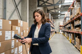 Professionnelle en logistique scannant des palettes avec un lecteur RFID dans un entrepôt parisien moderne pour assurer la traçabilité des marchandises