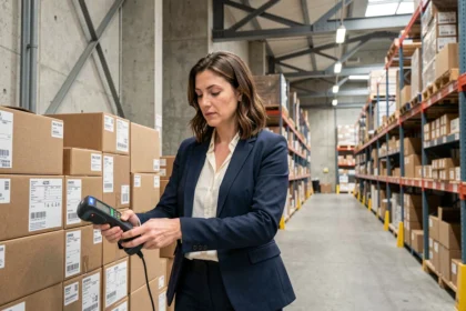 Professionnelle en logistique scannant des palettes avec un lecteur RFID dans un entrepôt parisien moderne pour assurer la traçabilité des marchandises