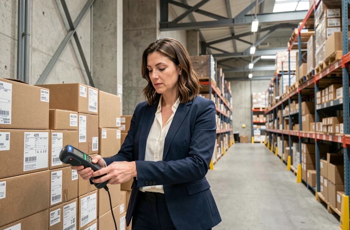 Professionnelle en logistique scannant des palettes avec un lecteur RFID dans un entrepôt parisien moderne pour assurer la traçabilité des marchandises