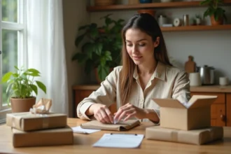 Femme travaillant à domicile en emballant des échantillons dans des boîtes kraft sur une table en bois