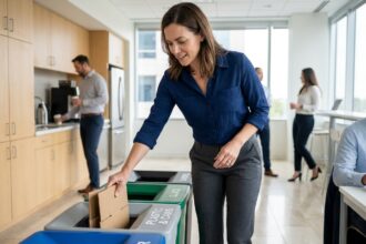 Employée de bureau triant des déchets recyclables dans une salle de pause d'entreprise moderne avec des poubelles colorées bien étiquetées