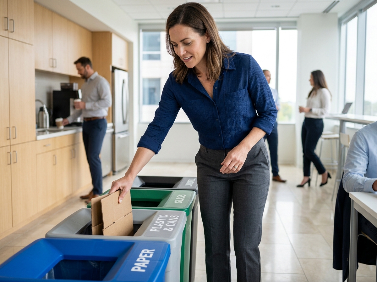 Employée de bureau triant des déchets recyclables dans une salle de pause d'entreprise moderne avec des poubelles colorées bien étiquetées