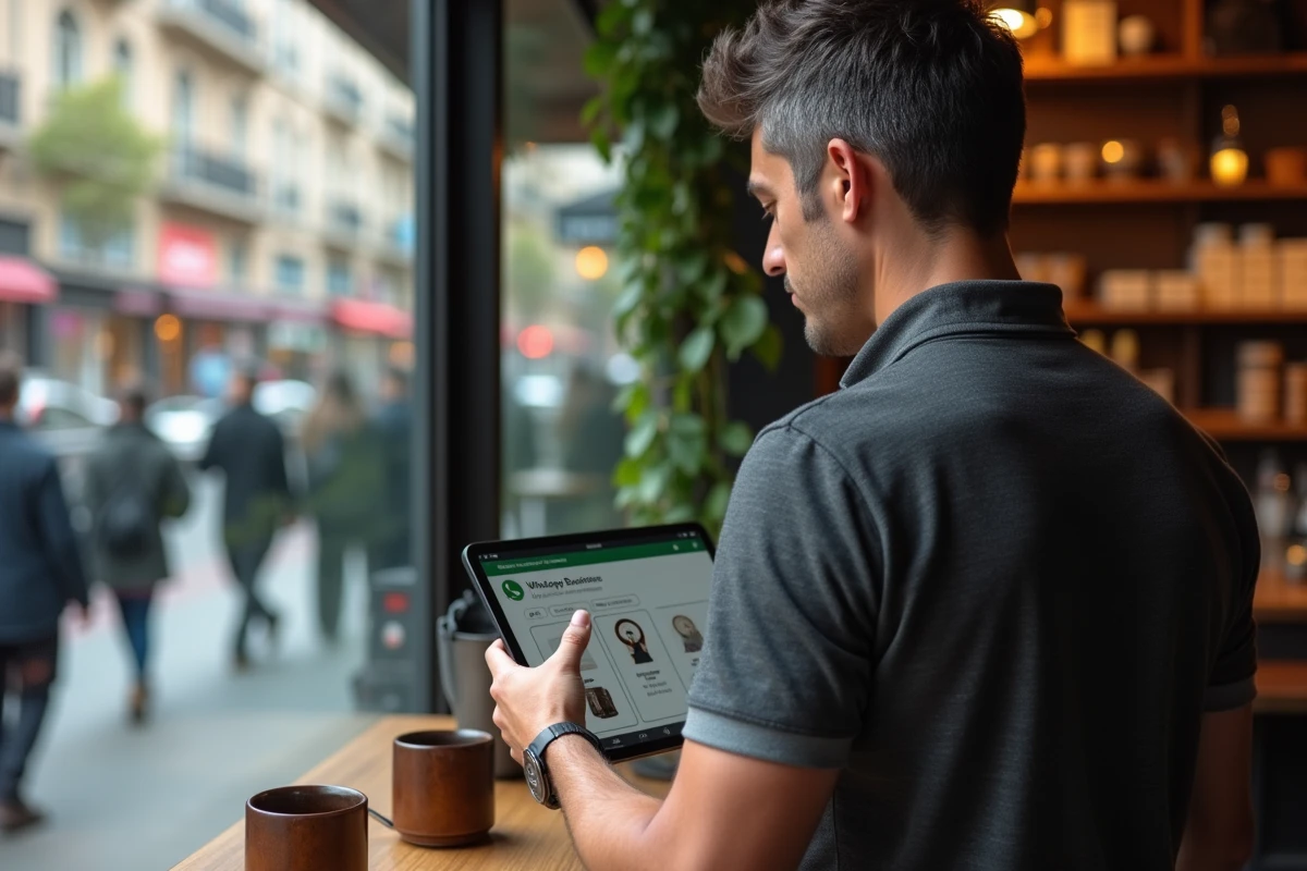 Propriétaire de café consultant le catalogue WhatsApp Business sur tablette dans sa boutique