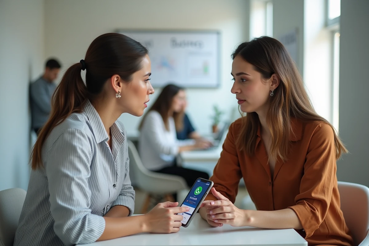 Deux entrepreneures analysant les statistiques de leur compte WhatsApp professionnel dans un espace de coworking