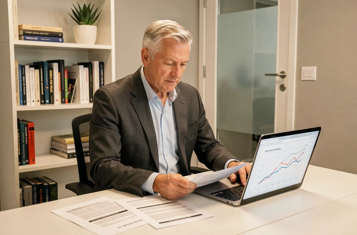 Dirigeant senior consultant examinant des rapports stratégiques dans un bureau privé épuré, évoquant les perspectives et ambitions de Wyman.fr pour 2026