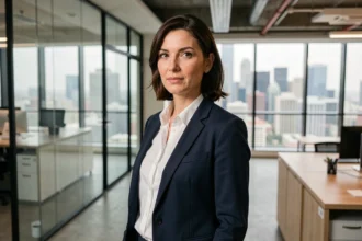 Femme professionnelle en blazer marine dans un bureau moderne avec vue sur la ville, illustrant le positionnement stratégique de Wyman.fr en 2026