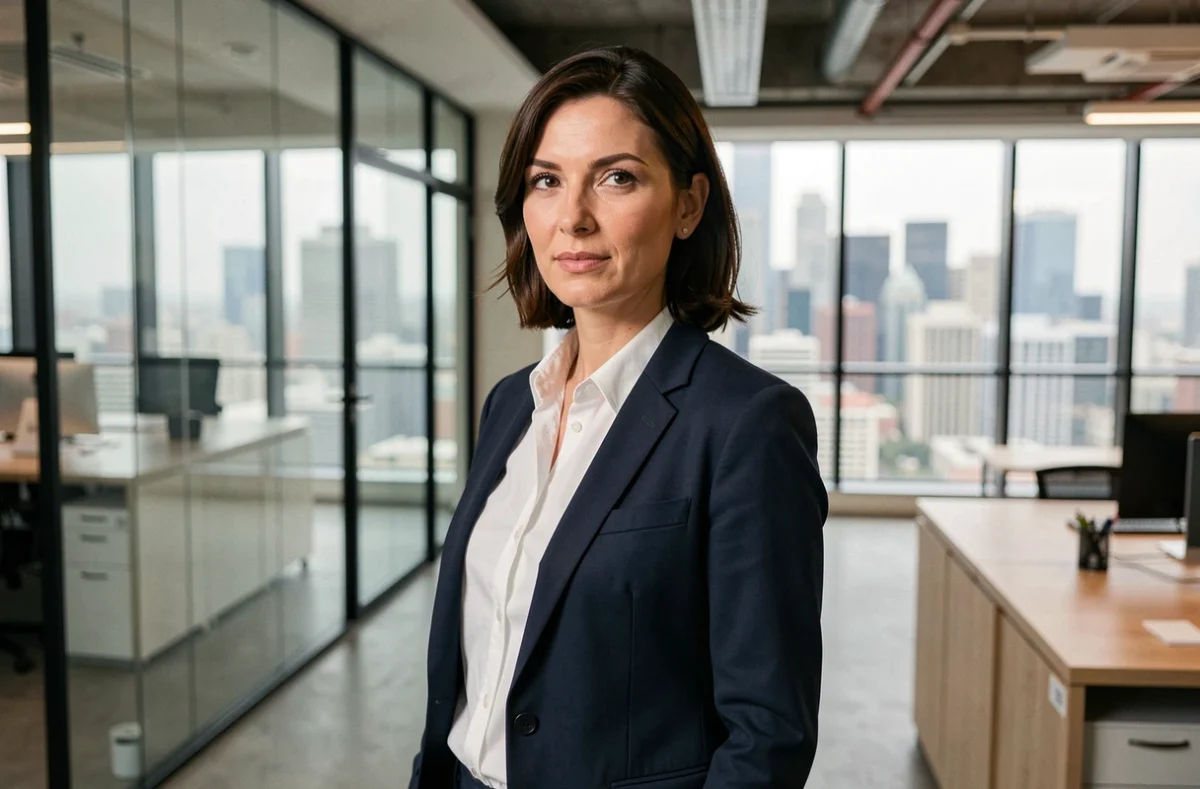 Femme professionnelle en blazer marine dans un bureau moderne avec vue sur la ville, illustrant le positionnement stratégique de Wyman.fr en 2026