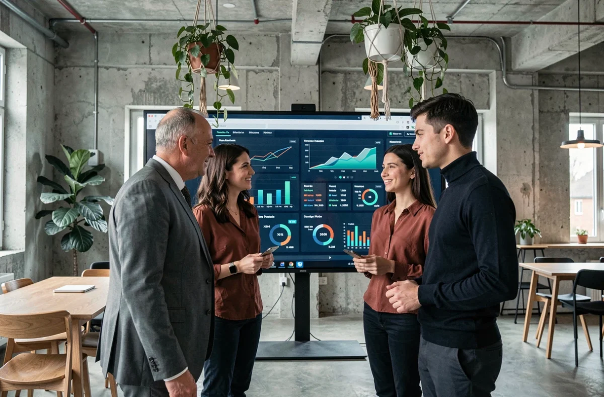 Équipe de professionnels analysant des données sectorielles sur un écran tactile dans un espace de coworking moderne, représentant les secteurs clés de Wyman.fr en 2026